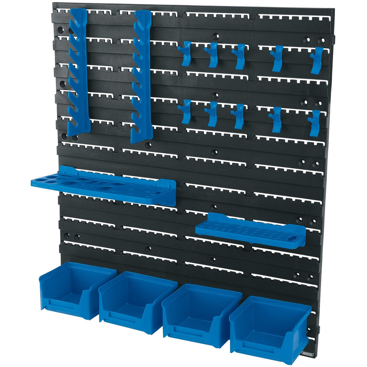 The Draper Tool Storage Board (18 Piece) - SBR18 by Draper is a black wall-mount organizer equipped with multiple blue hooks, shelves, and bins of various sizes for efficient storage. Designed to hold and organize various tools and small parts, it also features a convenient screwdriver holder for added functionality.