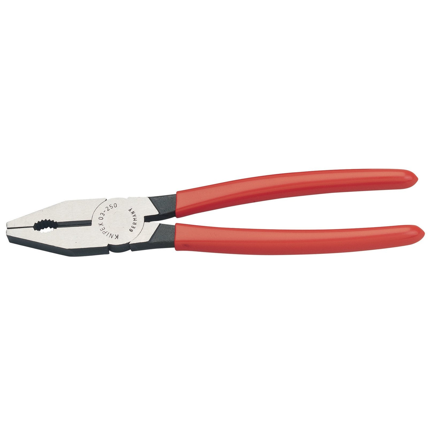 The Draper Knipex 03 01 250 Combination Pliers, 250mm, feature red, rubber-coated handles and cutting edges made from durable tool steel.