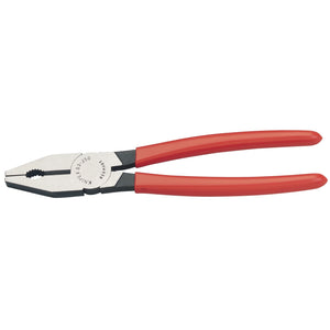 The Draper Knipex 03 01 250 Combination Pliers, 250mm, feature red, rubber-coated handles and cutting edges made from durable tool steel.