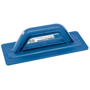 The Draper Plastering Float T107, with dimensions of 280 x 110mm, is a blue plastic hand tool featuring a rectangular base and handle, making it ideal for heavy-duty work such as smoothing surfaces.