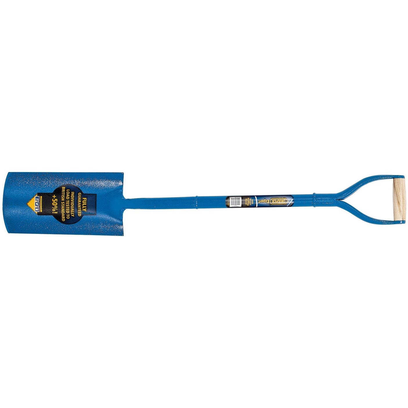 Draper Expert All Steel Contractors Grafting Shovel - ASS-GS features a solid forged blade with a powder-coated finish and a D-shaped wooden handle for enhanced durability and comfort.