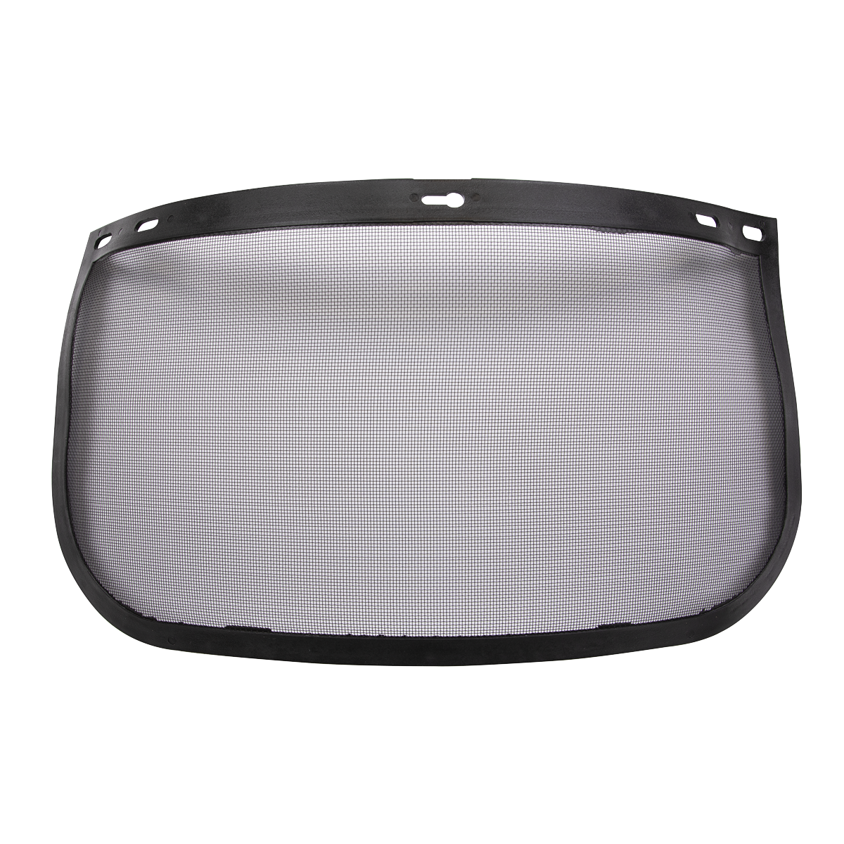 The Mesh Gauze Visor - 225 by Sealey is a curved black mesh face shield with a dark border and several attachment holes along the top edge, designed to seamlessly integrate with Worksafe safety helmets and adheres to BS EN1731:2006 standards.