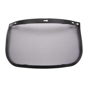 The Mesh Gauze Visor - 225 by Sealey is a curved black mesh face shield with a dark border and several attachment holes along the top edge, designed to seamlessly integrate with Worksafe safety helmets and adheres to BS EN1731:2006 standards.