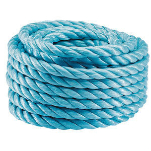 The Draper Polypropylene Rope, 10M X 12mm - 662 is a coiled blue rope with a shiny surface, featuring a tight and even twist and made from weather-resistant polypropylene.