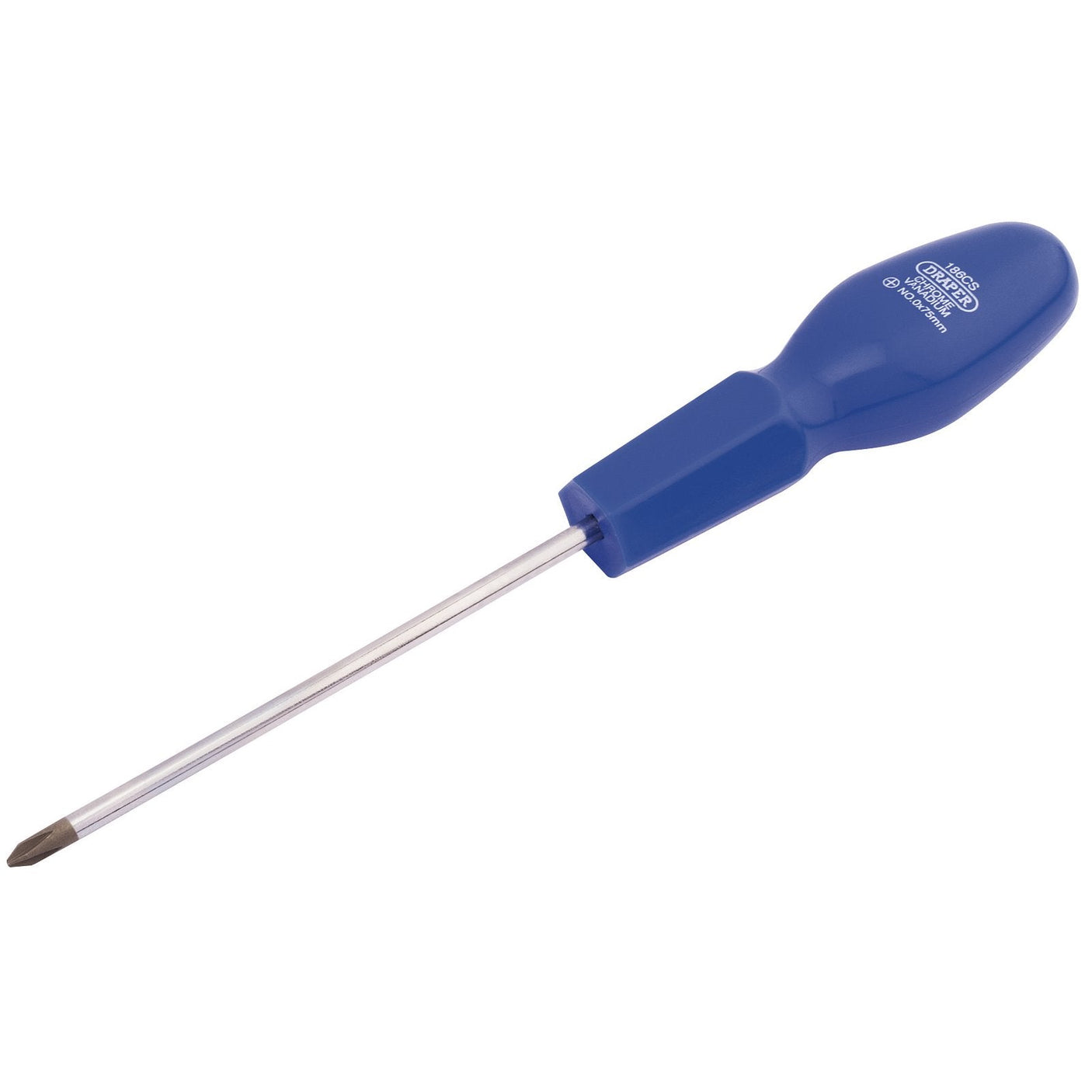 A **Draper Cross Slot Cabinet Pattern Screwdriver** with a blue handle, featuring a durable steel shaft and chrome vanadium steel blades, No.0 X 75mm - 186CS.