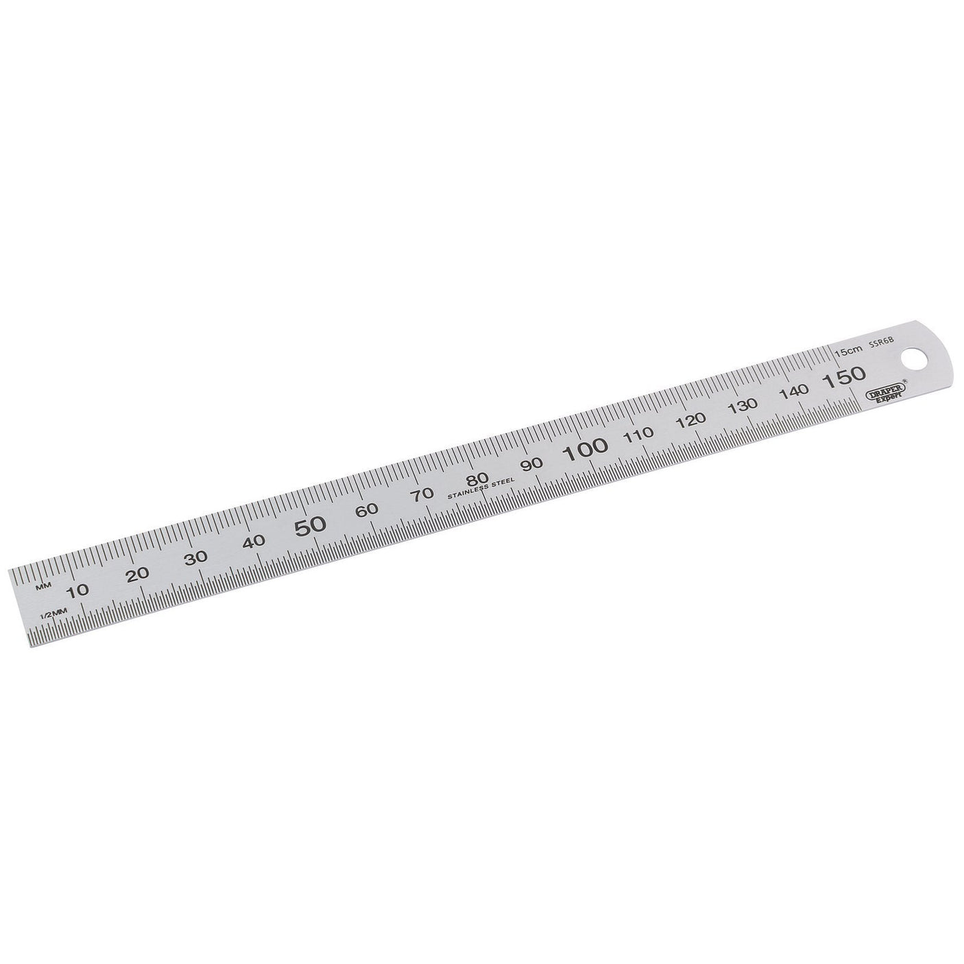 The Draper Stainless Steel Rule, 150mm/6" - SSR6B features a 15-centimeter hardened stainless steel construction with permanently etched millimeter markings and a small hole at one end.