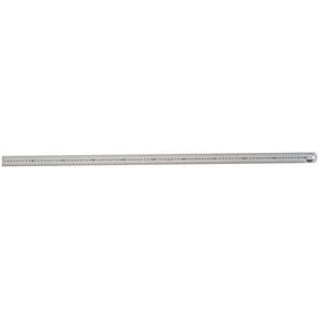 The Draper Stainless Steel Rule (SSR36B) is a long, straight hardened stainless steel ruler with precise measurement markings in both inches and millimeters permanently etched along its 1000mm/36" edge.
