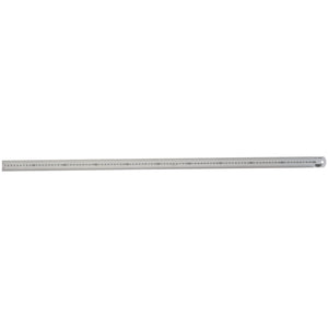 The Draper Stainless Steel Rule (SSR36B) is a long, straight hardened stainless steel ruler with precise measurement markings in both inches and millimeters permanently etched along its 1000mm/36" edge.