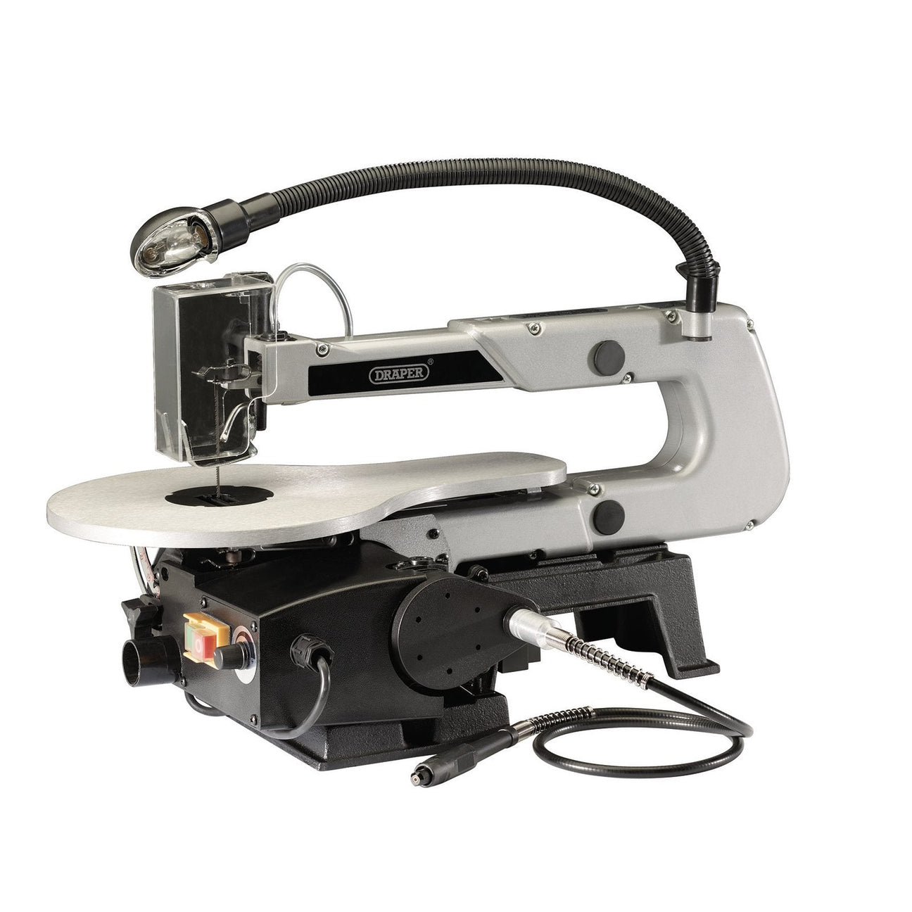 The Draper Variable Speed Scroll Saw with Flexible Drive Shaft and Worklight, 405mm, 90W - FS405V by Draper features a flexible light attachment, an aluminium table, and various precise controls and adjustments. The circular worktable is equipped with dust extraction capabilities to ensure a clean working environment.