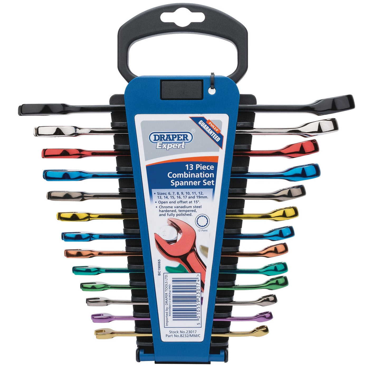 The Draper Expert Hi-Torq® Metric Coloured Combination Spanner Set (13 Piece) - 8232/MM/C is crafted from durable chrome vanadium steel. The spanners come in various colors and are displayed within a blue HI-TORQ® holder featuring a top handle. A label at the center provides product details, and the wall-mountable plastic storage rack ensures convenient organization.