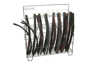 A Sparex Radiator Hose Display Stand (Part Number: S.23172) holds multiple lengths of hoses neatly organized and labeled under Tariff Code 8487905990, displayed in various slots.