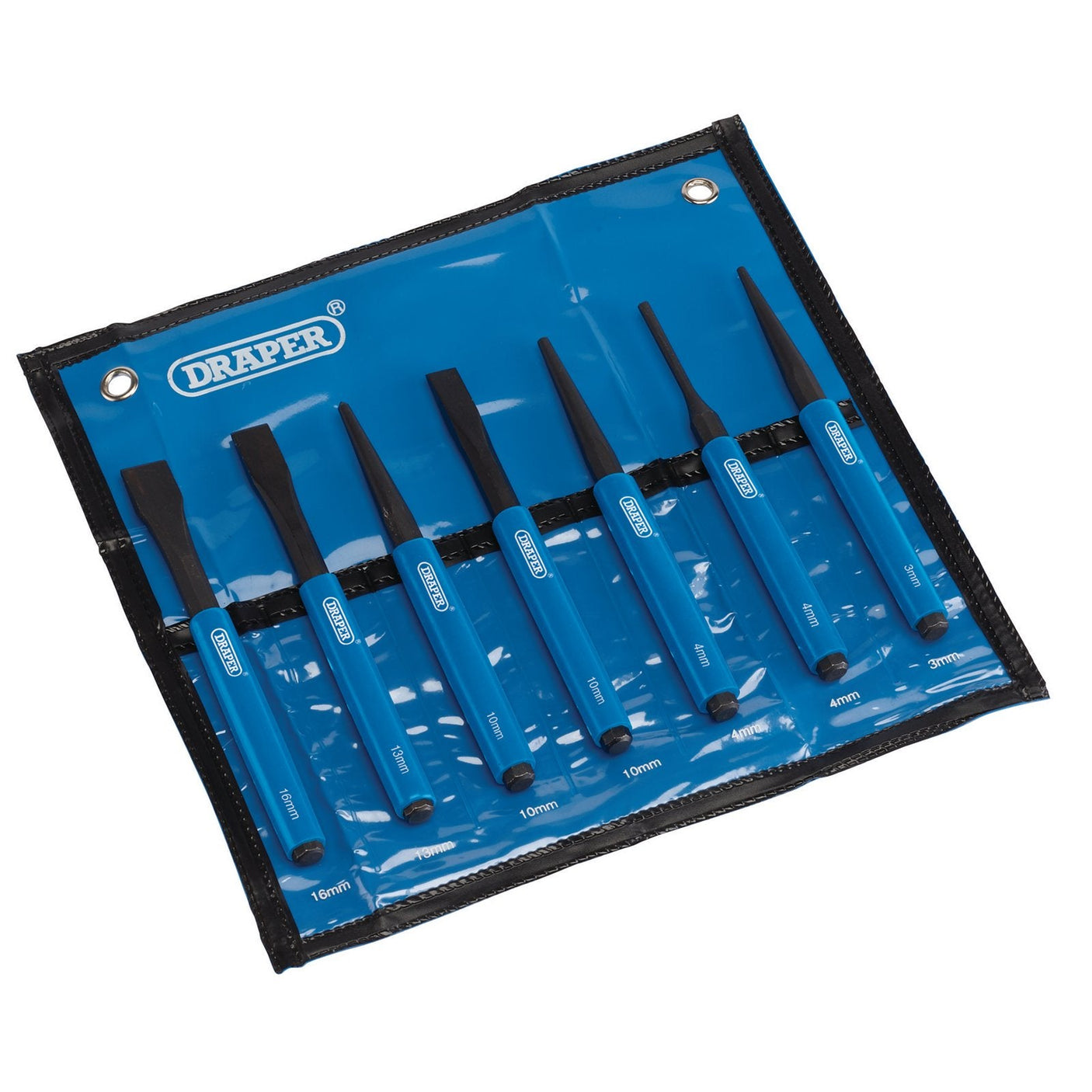 A seven-piece Draper Chisel And Punch Set (CP7NP), crafted from chrome vanadium steel, arranged in a blue plastic holder with labeled pockets for various sizes.