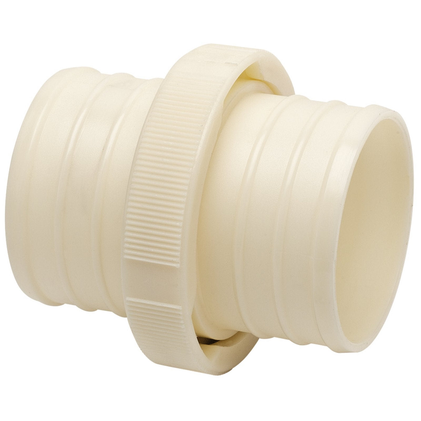 The Draper Hose Coupling Adaptor, 50mm/2" - ASH2, made from white plastic, features a ridged middle section and smooth cylindrical ends for secure fits. Ideal for various applications, it ensures durability and ease of use. For more details or to place an order, visit our Contact Us page.