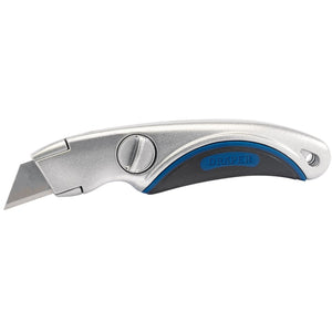 The Draper Fixed Blade Trimming Knife - TK219 features a retractable blade and a handle in blue and black, crafted from die-cast zinc alloy. The brand name "Draper" is prominently visible on the handle.