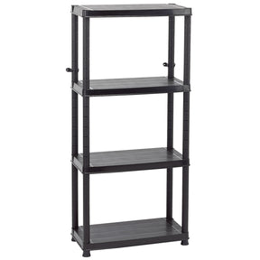 The Draper 4 Tier Plastic Shelving Unit - SU412 from Draper features a robust plastic construction, adjustable shelf heights, and comes in black. Ideal for storage and organization, it also includes wall mounting brackets for added stability.