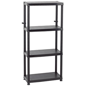 The Draper 4 Tier Plastic Shelving Unit - SU412 from Draper features a robust plastic construction, adjustable shelf heights, and comes in black. Ideal for storage and organization, it also includes wall mounting brackets for added stability.