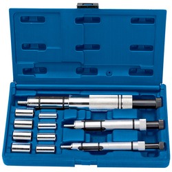 A blue plastic case containing the Draper Expert Universal Clutch Aligning Kit (11 Piece) - CAK11-PRO, which includes precision measuring tools, various metal attachments, and an expanding mandrel.