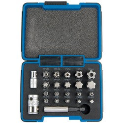 A blue and black Draper Tx-Star® 1/4 Plus Bit Set, 3/8" Sq. Dr. (23 Piece) - TXP23/KIT tool case containing various metal Torx bits, a hexagon bit holder, and a socket adapter, all neatly arranged in foam padding.