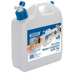 The Draper Water Container With Tap, 9.5L - PWB9.5 is a high-quality HDPE plastic water container with a blue tap and handle, perfect for storing and dispensing water. It features product details and instructions on the label.