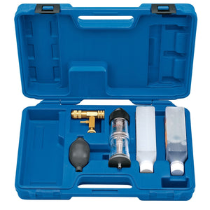 The Draper Combustion Gas Leak Detector Kit - CGDK features an open blue hard plastic case containing a T-shaped brass fitting, a transparent container, two white bottles, and a black bulb pump, each secured in dedicated compartments—providing everything needed for efficient head gasket leak detection.