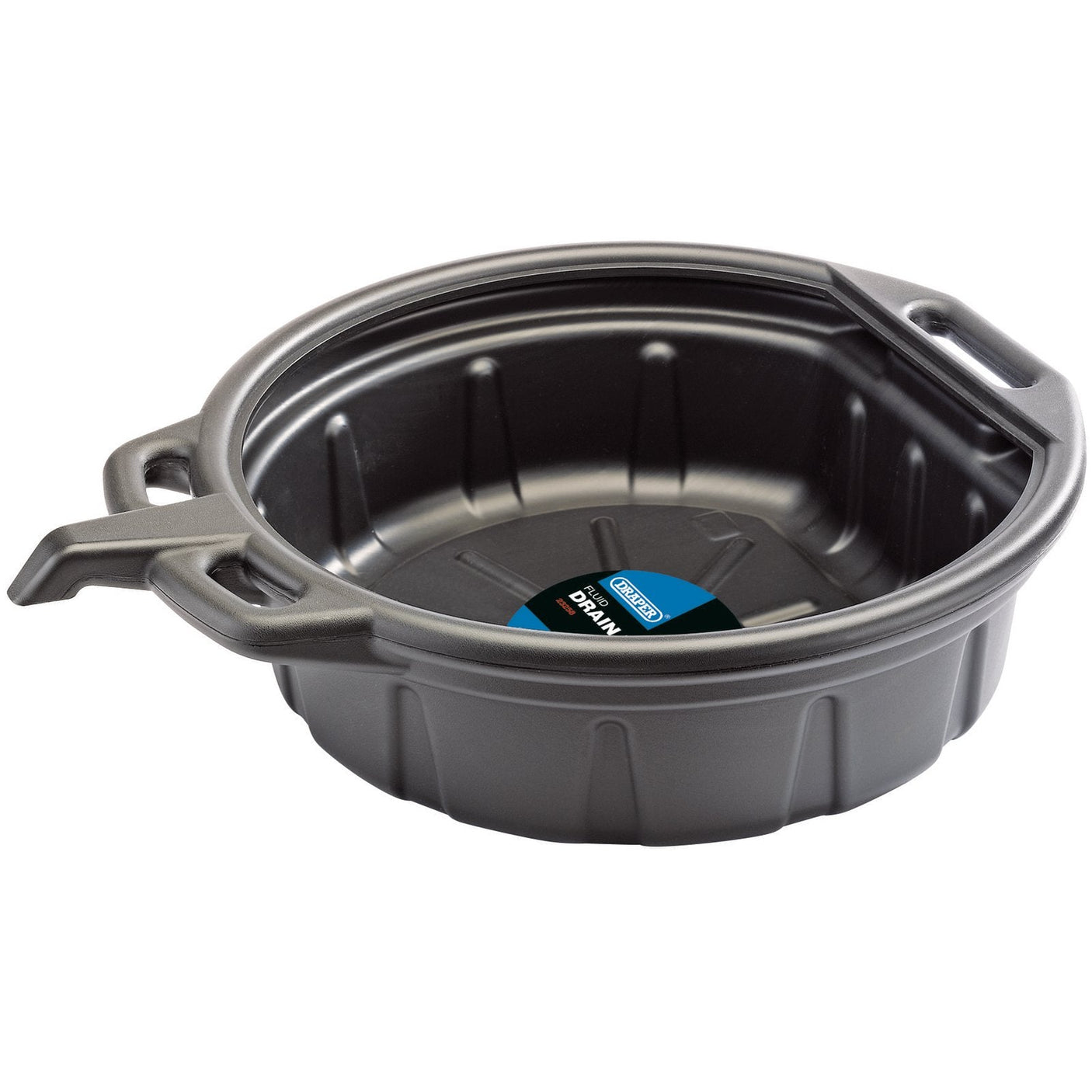 The Draper Fluid Drain Pan, 16L, Black - OP16/B is a chemical-resistant round plastic oil drain pan featuring molded handles, an anti-splash design, and a spout.