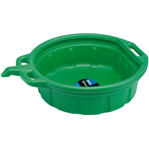 The Draper Fluid Drain Pan, 16L, Green - OP16/G is a green plastic oil drain pan featuring anti-splash design, handles on each side for easy carrying, and a spout for precise pouring.