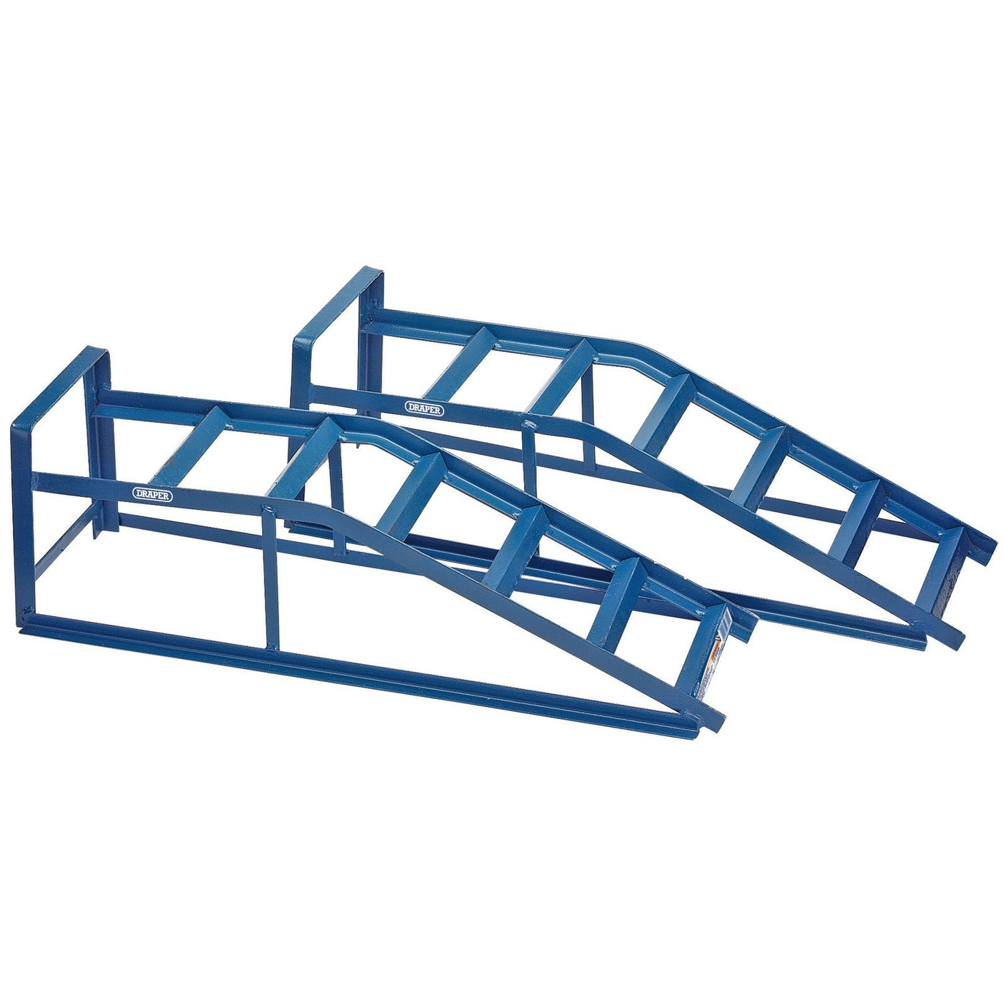 The Draper Car Ramps, 2.5 Tonne (Pair) - CRS25, are two blue metal automotive ramps designed for vehicle repairs and maintenance. They feature a sturdy frame and an angled design for easy access, making them perfect for standard cars with low ground clearance.