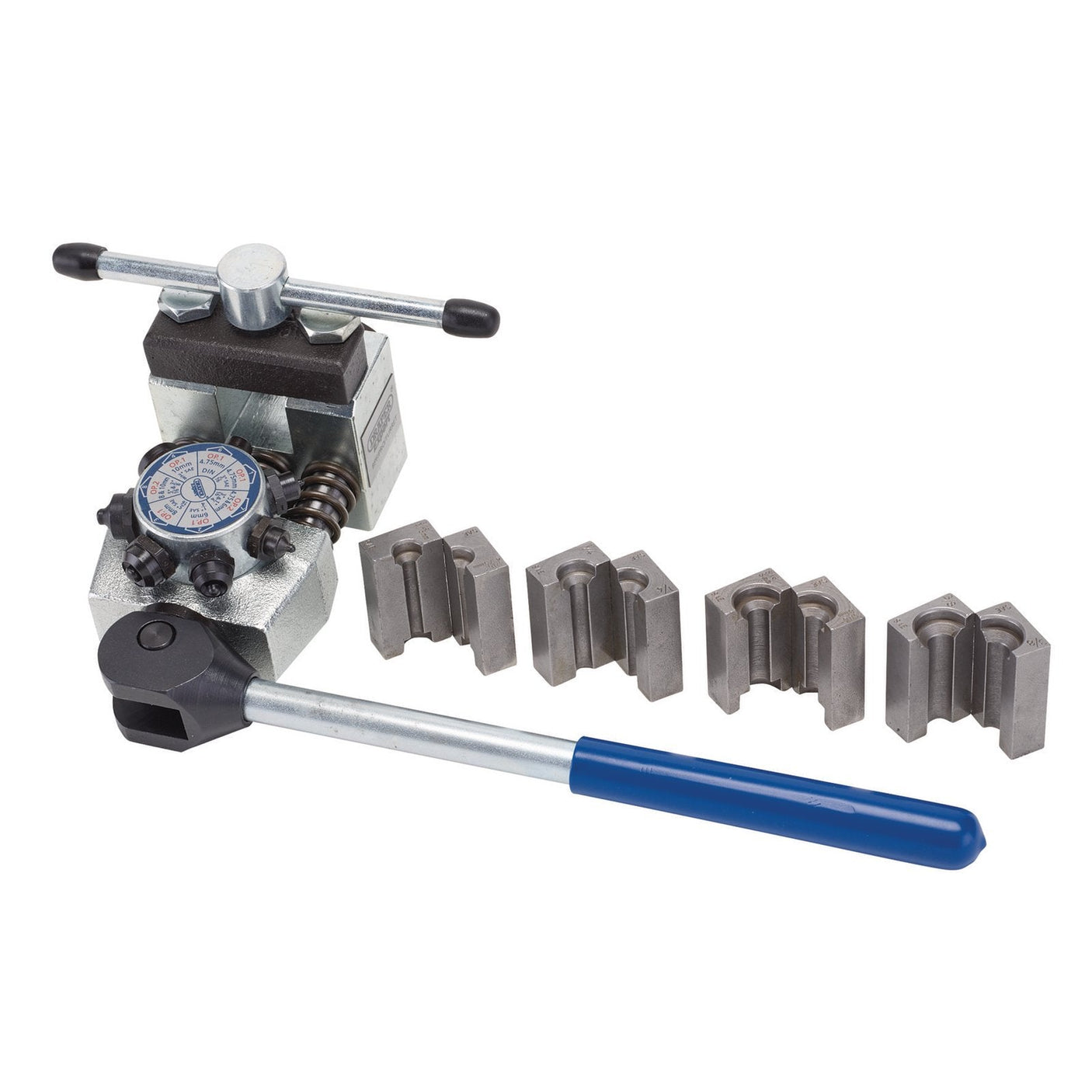 The Draper Brake Pipe Flaring Turret Kit - BPF/PRO/TURRET is a versatile tool kit from Draper, featuring a handle, various dies, and a yoke. This SAE double turbine kit is designed for shaping the ends of pipes with precision.