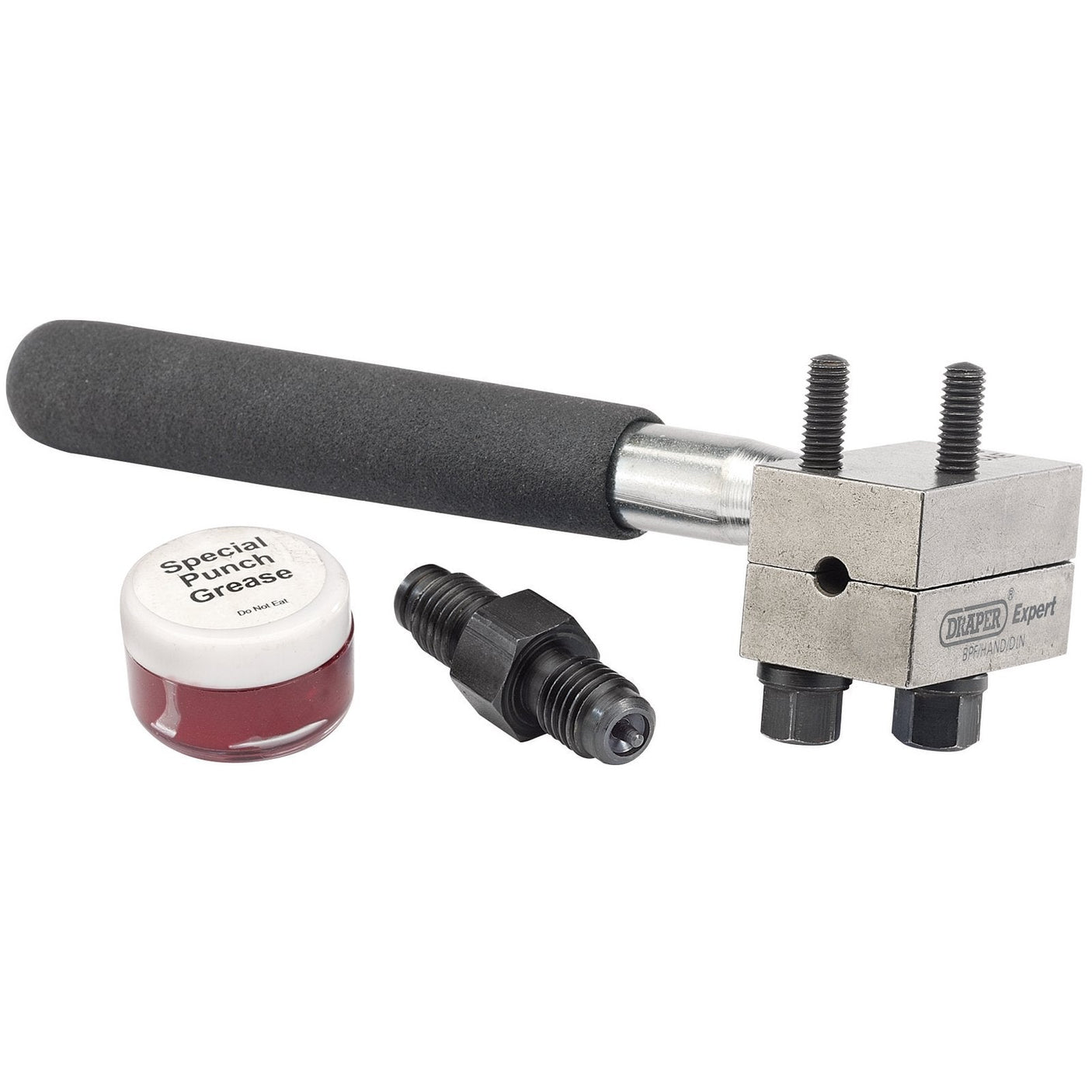 A Draper Hand-Held Brake Pipe Flaring Tool Din, 4.75mm - BPF/HAND/DIN with a black handle is placed next to a small jar labeled "Special Punch Grease" and a black threaded component, perfect for accurate flaring in automotive pipe flaring tasks.