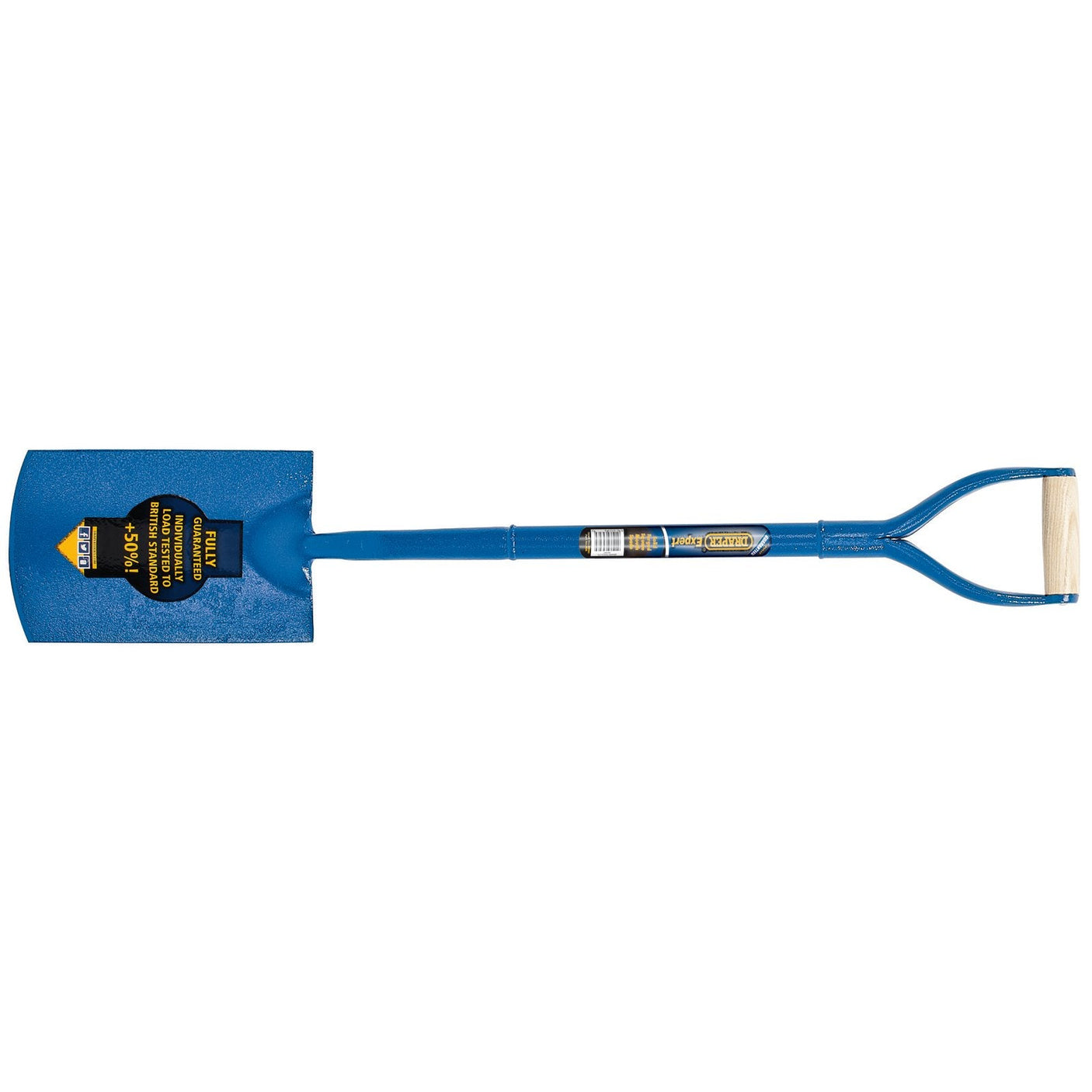 A Draper Expert Solid Forged Contractors Square Mouth Spade (ASDS) with a blue handle, wooden grip, and square-point blade featuring corrosion protection, displayed on a white background.