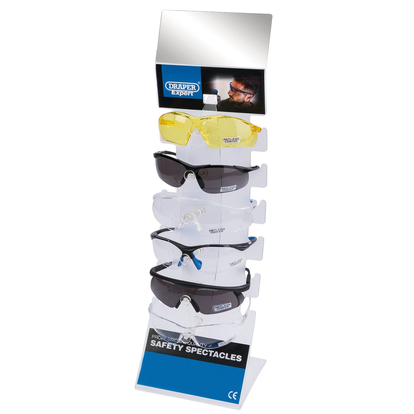 Spectacle display featuring a Draper Countertop Display of six safety spectacles in various styles and colors, including yellow-tinted, clear, and dark lenses, labeled "Draper Expert.