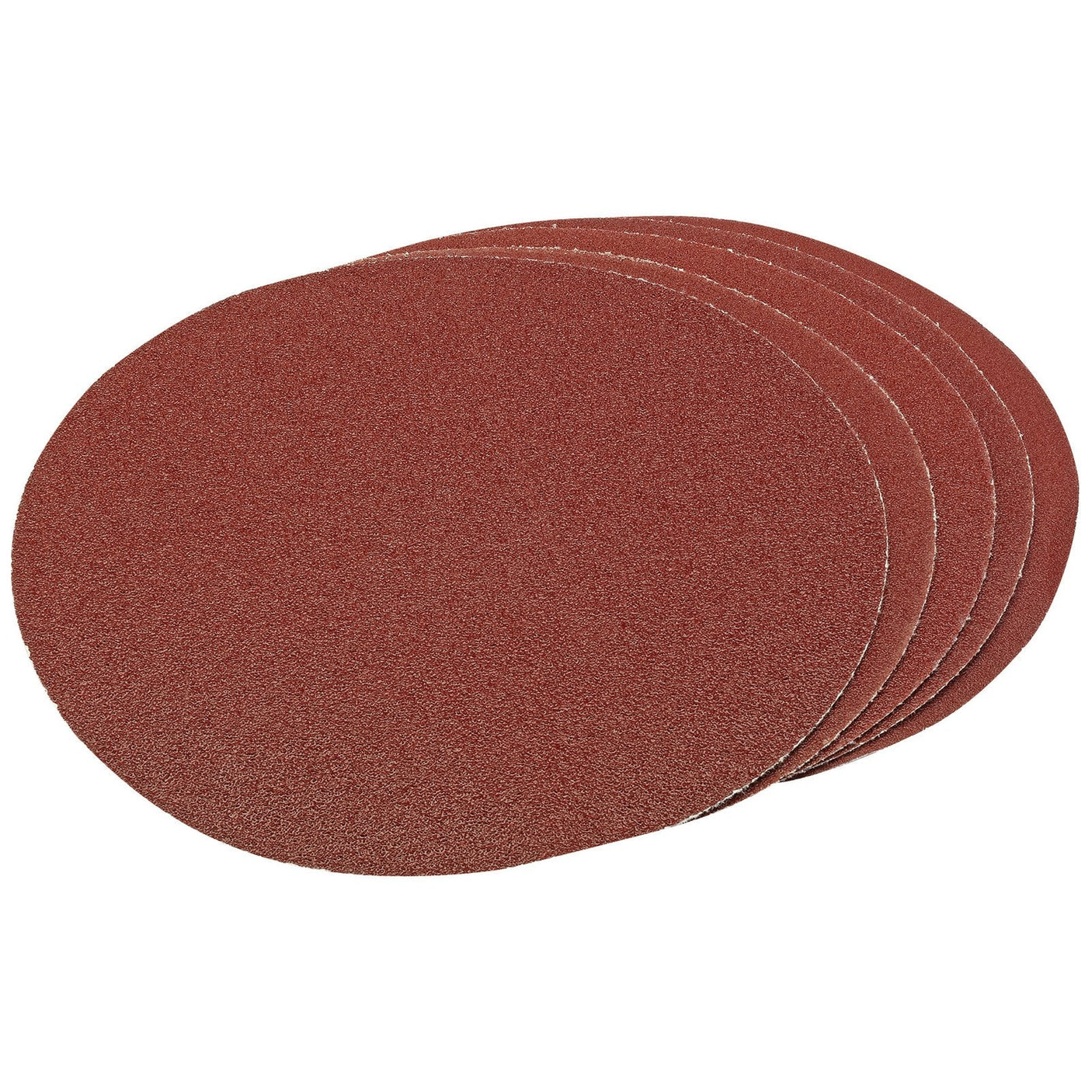 A pack of five Draper Assorted Hook and Eye Backed Aluminium Oxide, 200mm discs—each featuring assorted grit grades—stacked slightly offset, ideal for use with a Draper Belt and Disc Sander.