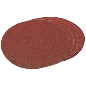 A pack of five Draper Assorted Hook and Eye Backed Aluminium Oxide, 200mm discs—each featuring assorted grit grades—stacked slightly offset, ideal for use with a Draper Belt and Disc Sander.