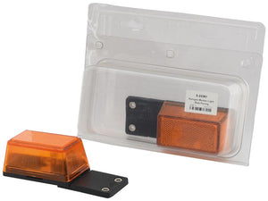 The Sparex Marker Light - Side Facing (Halogen), right-hand and left-hand, 12/24V (Part Number: S.23361) in an orange rectangular design with a sturdy mounting bracket is showcased both inside and outside its packaging, highlighting its durable marker housing.