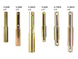 Six metal cylindrical objects labeled S.3539, S.3540, S.14412, S.3234, S.11874, and S.14413 with various quantities specified above each are part of the Sparex Dispenser Kit - Lower & Top Link Pins - Dual Cat (Sparex Part Number: S.23387).