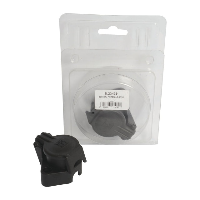 A packaged Sparex 4 Pin Auxiliary Female Socket made of black plastic, featuring part number S.23439 on a white label. This socket, visible both inside and outside the clear plastic packaging, includes a protective cover and supports 20A at 24V applications.