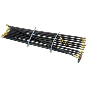 Bundle of Draper Polypropylene Drain Rod Set, 9M (12 Piece) with brass-plated fittings strapped together.