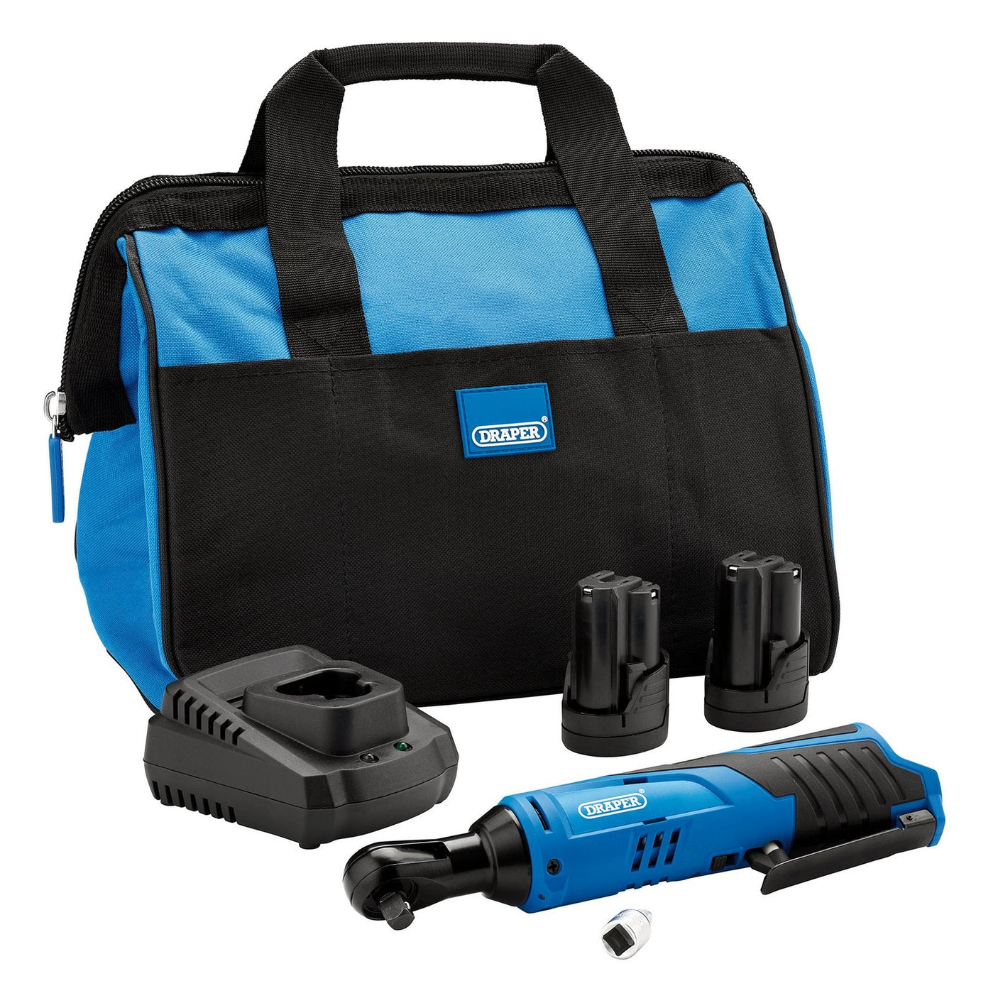 The Draper 12V Ratchet Kit, branded in blue and black, includes a carrying bag, a fast charger, two 1.5Ah batteries, and a 12V 3/8" ratchet wrench.