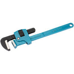 The Draper Elora Adjustable Pipe Wrench, 350mm, 38mm - 75-14, is a blue pipe wrench featuring hardened jaws with serrated faces, an adjustable jaw, and a hole at the end of the handle for hanging.