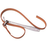 The Draper Elora Strap Wrench, 280mm - 187-280 is a metal tool with a long, lever handle and an attached brown leather strap, ideal for tightening or loosening oil filters or other cylindrical objects.