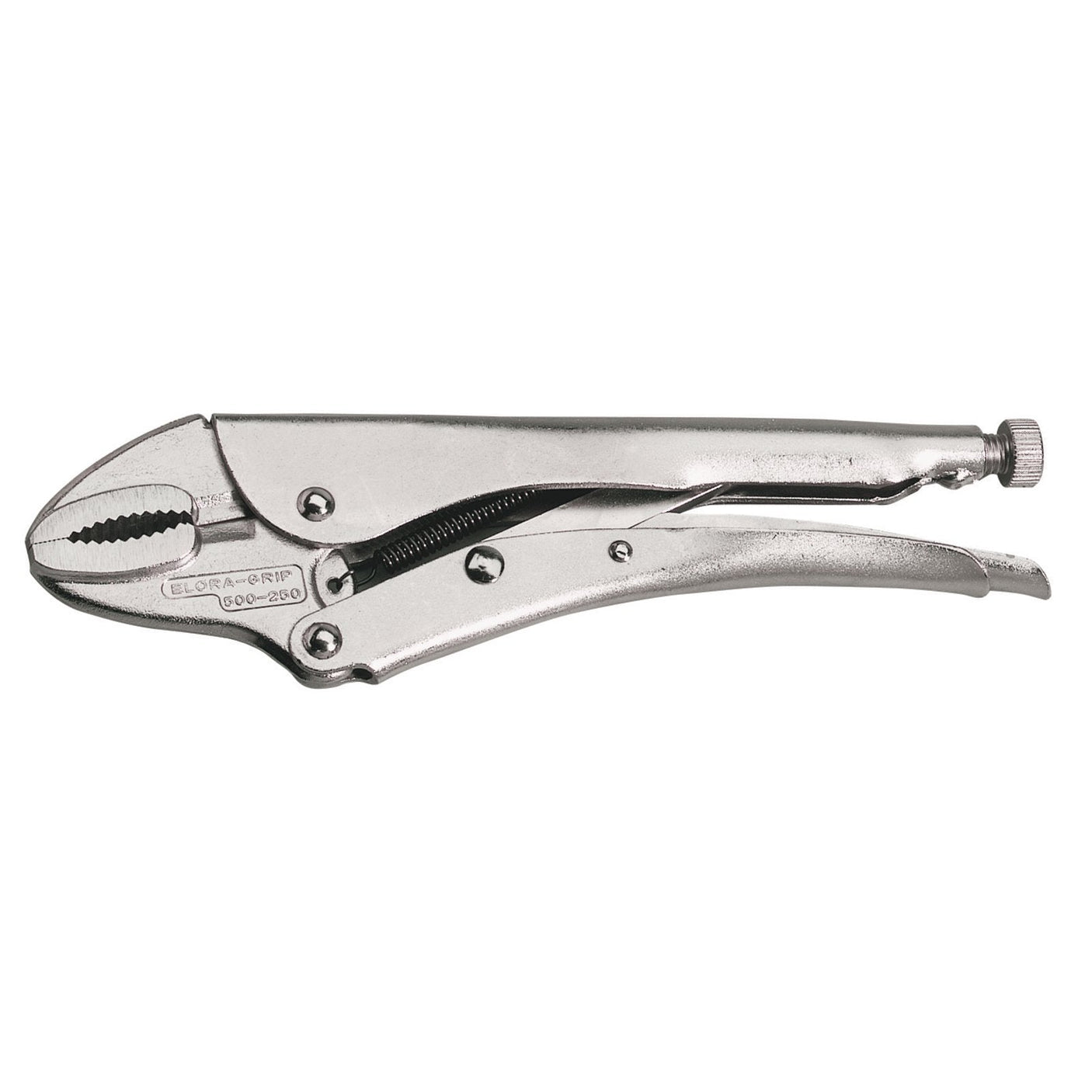 The Draper Self Grip Pliers, 250mm - 500-250, are shiny silver locking pliers made from chrome vanadium steel, featuring a curved pattern jaw and an adjustable knob on the handle.