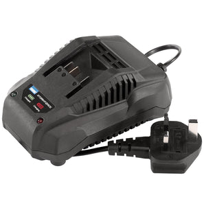 The Draper Storm Force® 20V Fast Charger for Power Interchange Batteries - CB203.5 is a black battery charger equipped with an attached UK three-pin plug. It features indicator lights for power, charging, and battery status.