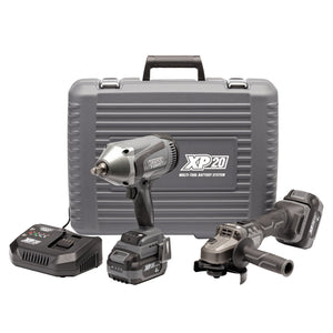 Set of Draper XP20 20V cordless power tools in carry case including a 1/2" impact wrench, angle grinder, battery pack, and charger - PTKIWGK2.