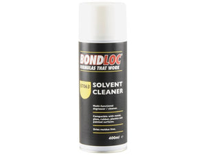 A 400ml can of Bondloc B7063 Solvent Cleaner (Sparex Part Number: S.24110) with a white cap and black label. The label notes it as a multifunctional degreaser compatible with metal, glass, rubber, plastics, painted surfaces, and effective in removing adhesive residues.