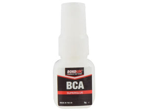 Small bottle of Sparex Superglue Brushable BCA 5g with a white body and a red-black label. The label reads "Bondloc BCA Superglue" and "Made in the UK." This convenient 5g bottle offers a reliable, fast-acting adhesive, making it an excellent alternative to other glues. (Sparex Part Number: S.24116)