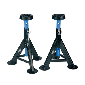 The Draper Expert Axle Stands, 3 Tonne (Pair) - AS3000E feature two black and blue pin-type stands with triangular bases and circular pads on top, each offering a height-adjustable saddle height secured by a hardened steel locking pin.