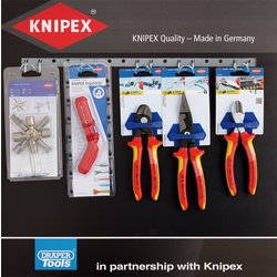 A display of the Draper-Knipex Profile for Slat Wall - Range Option 3 (11 Piece) featuring Knipex tools such as a pipe cutter, wire strippers, and pliers, complemented by Draper branding and VDE accessories.