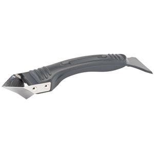 The Draper Silicone Sealant Removal Tool - SRT is a black plastic and metal scraper with a curved, ergonomic handle, featuring a stainless steel blade section and a flat scraping edge.