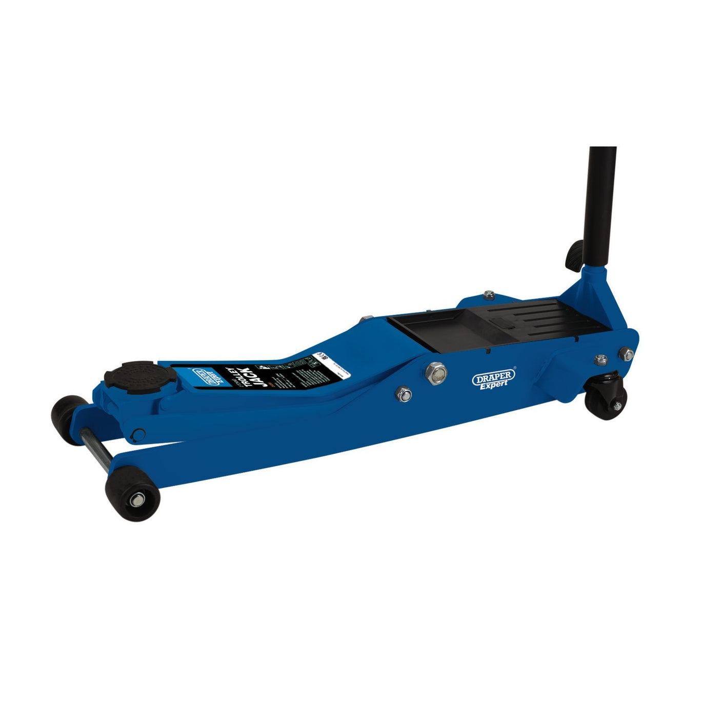 The Draper Expert Low Profile Trolley Jack, 2 Tonne - TJ2-ELR from Draper is a blue hydraulic floor jack with black wheels and a black lifting pad. It boasts a 2-tonne capacity and features a low profile design, along with a dual-action lowering control system for precision.