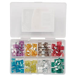 The Draper Mini Automotive Plug-In Fuse Assortment (100 Piece) - FUSE/MINI 100 is an open plastic storage case showcasing a variety of colored fuses, neatly organized into eight compartments.